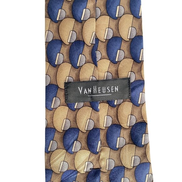Van Heusen Mens 100% Silk Half-Circle Geometric Pattern Tie Blue Gold 59x3.9in - Picture 4 of 7